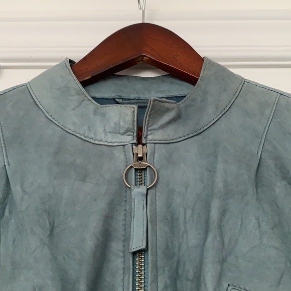 💙NWOT 100% LEATHER JACKET ROBIN’s EGG BUTTER SOFT PEPLUM ZIP MANDARIN COLLAR🐦 - Picture 8 of 15